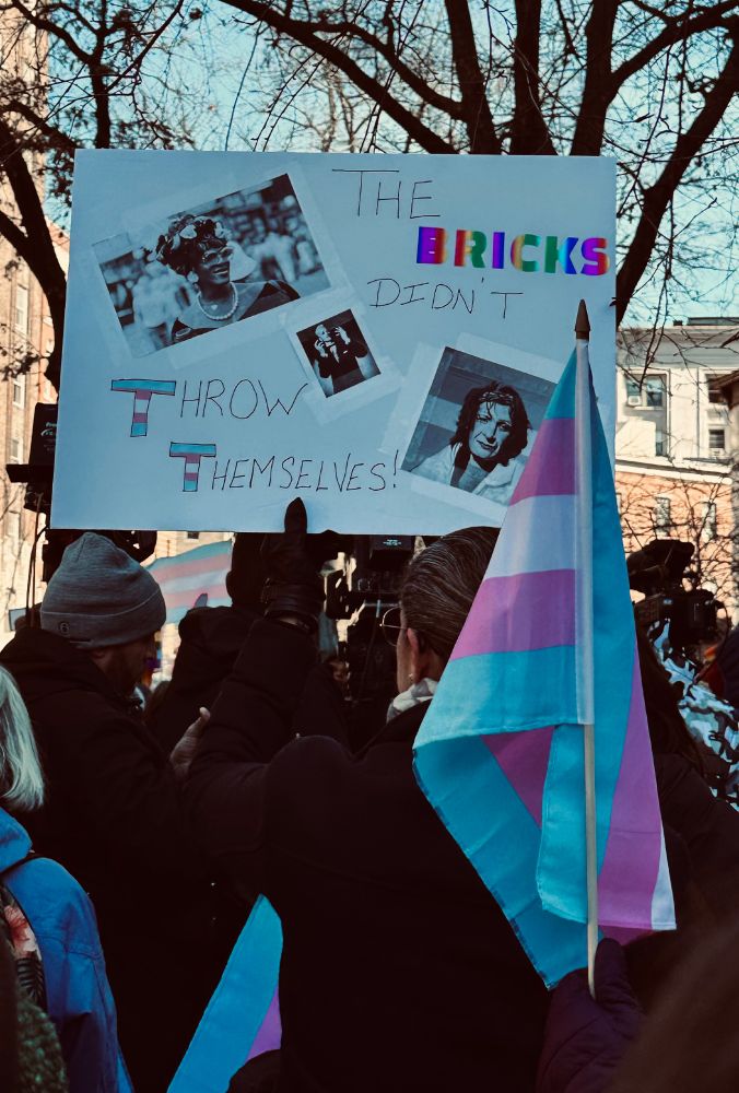 A sign with pictures of Marsh P. Johnson, Storme DeLarverie, and Sylvia Rivera with the text "The bricks didn't throw themselves" 