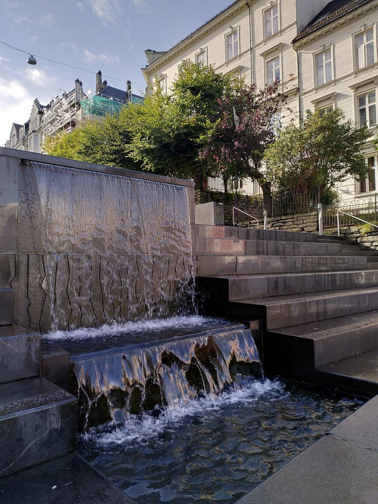A fountain built into a flight of steps in Bergen, Norway