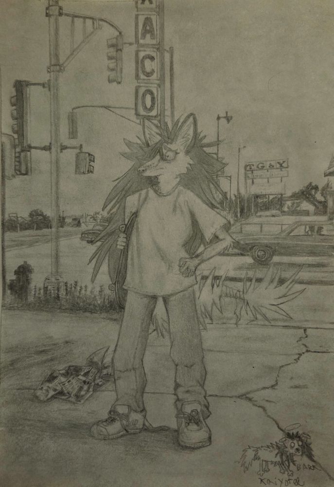 Fox standing on a street corner with a way-too-small skateboard under one arm.  The background is based heavily off of a 1972 photograph by Stephen Shore
