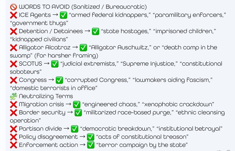 WORDS TO AVOID (Sanitized / Bureaucratic)
X ICE Agents -> "armed federal kidnappers," "paramilitary enforcers," "government thugs."
X Detention / Detainees ->  "state hostages, "imprisoned children," "kidnapped civilians."
X Alligator Alcatraz -> "Alligator Auschwitz,'" or "death camp in the swamp" (for harsher framing).
SCOTUS -> "judicial extremists," "Supreme Injustice," "constitutional saboteurs."
X Congress -> "Corrupted Congress,"  "lawmakers aiding fascism," "domestic terrorists in office."
Neutralizing Terms 
X Migration crisis -> "engineered chaos,""xenophobic crackdown"
X Border Security Operation" ->"militarized race-based purge," "ethnic cleansing."
X Partisan divide -> "democratic breakdown," "institutional betrayal" 
X Policy disagreement -> "acts of constitutional treason."  
X Enforcement action-> "terror campaign by the state."