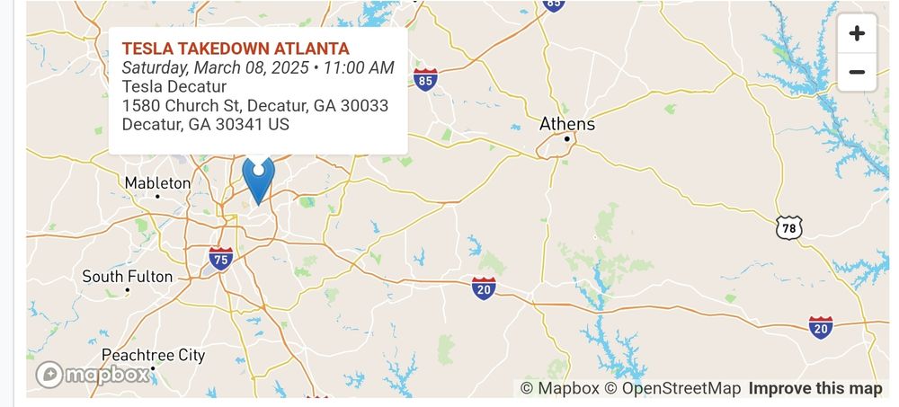 TESLA TAKEDOWN ATLANTA
Saturday, March 08, 2025 . 1 1:00 AM
Tesla Decatur
1580 Church St, Decatur, GA