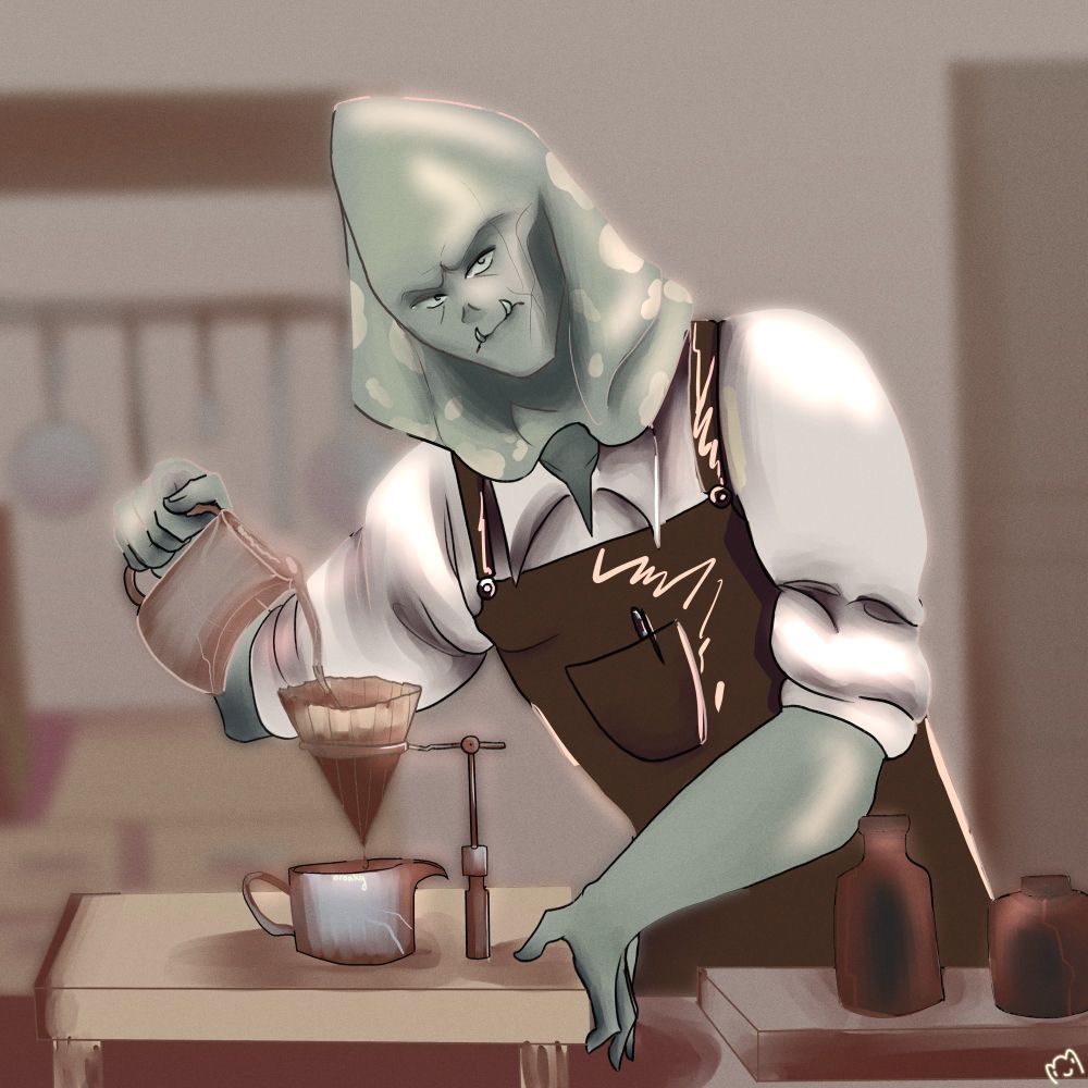 a stingray character working at a coffee shop- drawn for someone on tiktok