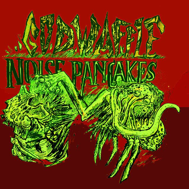 An illustration of a many tentacled monster gripping another creature by its skull with the words Godwaffle Noise Pancakes written in scrawl above.