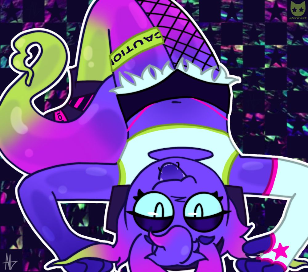 A purple, pink and green slime alien laying on their back with their knees bent looking towards the viewer