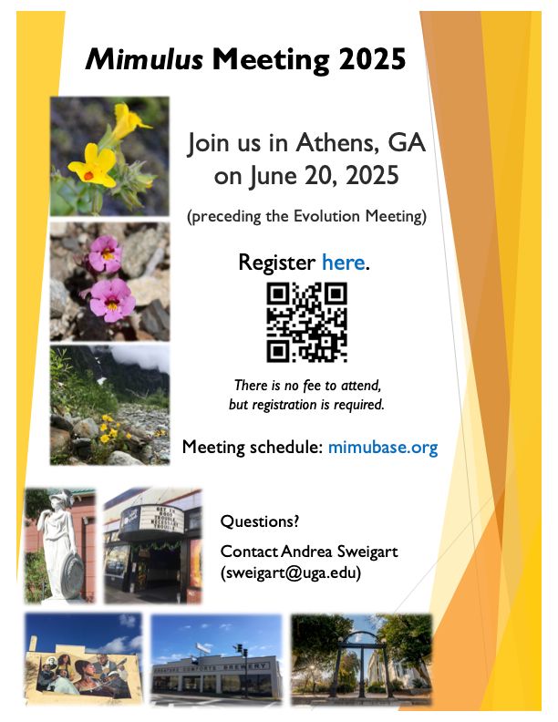 A flyer advertising the 2025 Mimulus meeting in Athens, Georgia on June 20, 2025. Registration is free. More info at http://mimubase.org/node/233