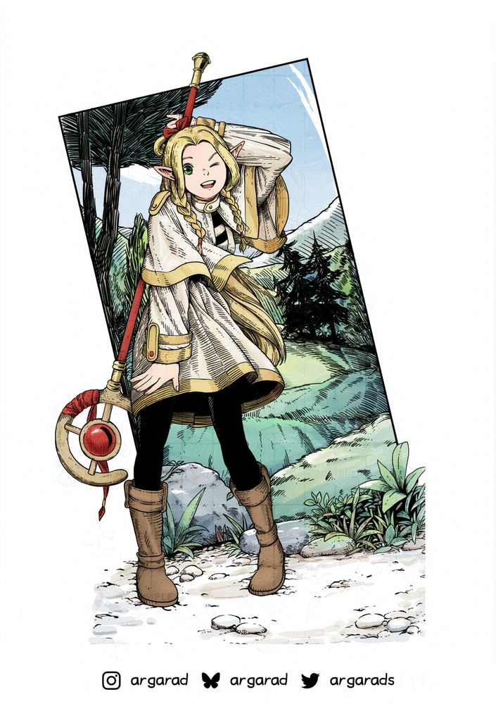 marcille from dungeon meshi anime wearing frieren's outfit from frieren beyond journey's end anime