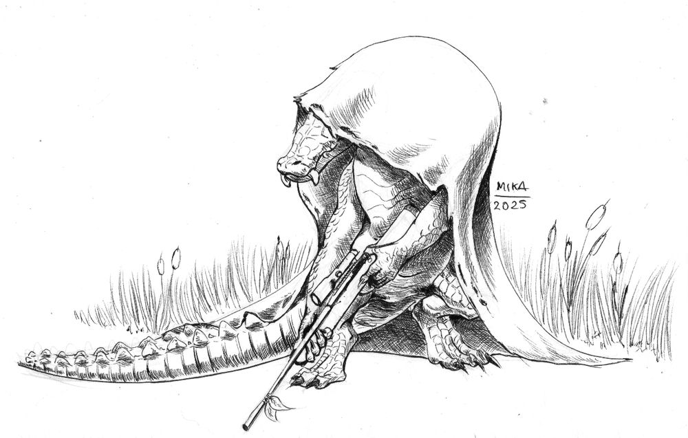 An anthropomorphic crocodile wearing a cape and armed with a hunting rifle is among the foliage, looking at it's next target. 