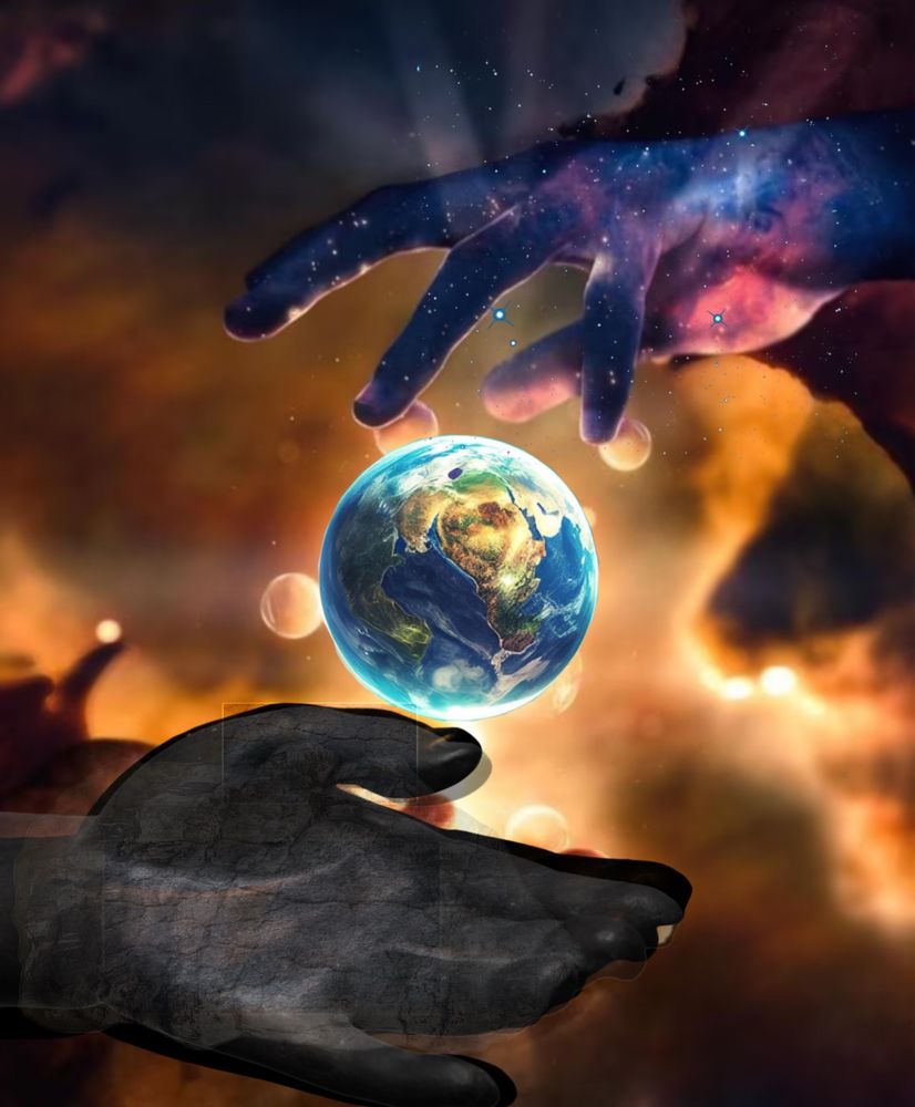 A picture of Earth in the center. Above is a hand made of stars/constellations. Below is a hand of stone/marble. 