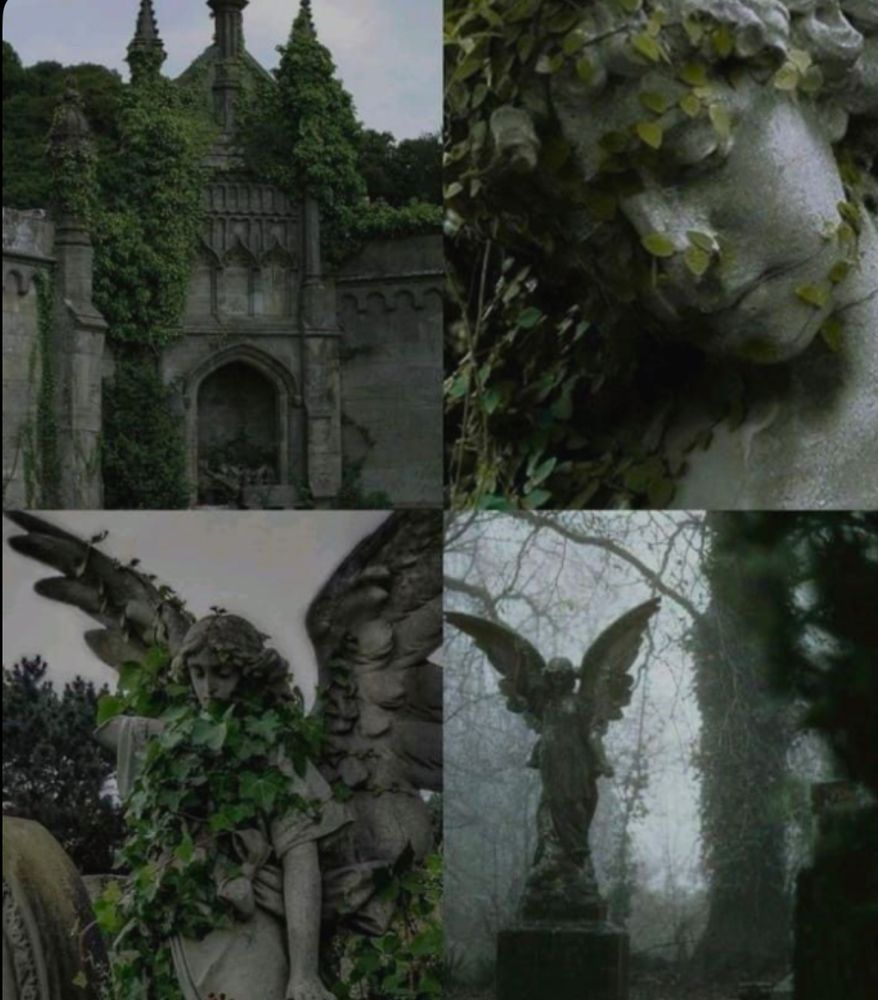 Grey-tone moody, cloudy, four pictures of stone angels/creatures https://pin.it/3uSXOJoZp