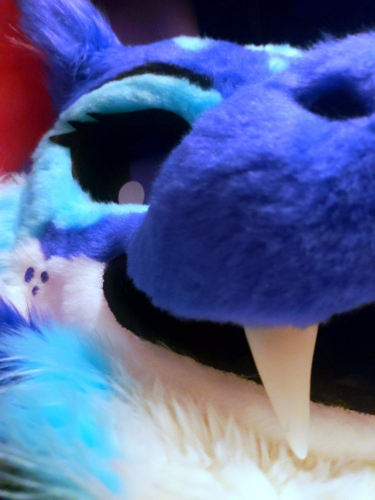 A close up photo of a void dragon fursuit. She has blurple and white fur with turquoise markings, purple eyes and big eyelashes. She has pink ears and little purple cheek dots.

"An Azure portal sparks open before you, as a tall Void Dragoness steps through. She gazes down at you, a mischievous grin baring her long sharp teeth and a soft, purple snout just inches from your own. A magical glimmer radiates over her vibrant fur as she considers what she wants from you ~"