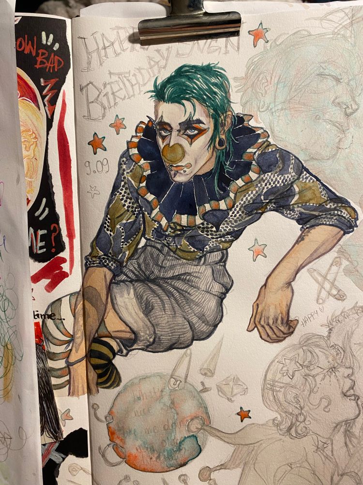 Art done with watercolors showing a sitting man with green hair and blue eyes dressed as a clown with colorful makeup on his face. He looks a little bored a little tired on his face.
