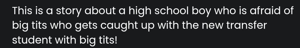 Text reading: This is a story about a high school boy who is afraid of big tits who gets caught up with the new transfer student with big tits!