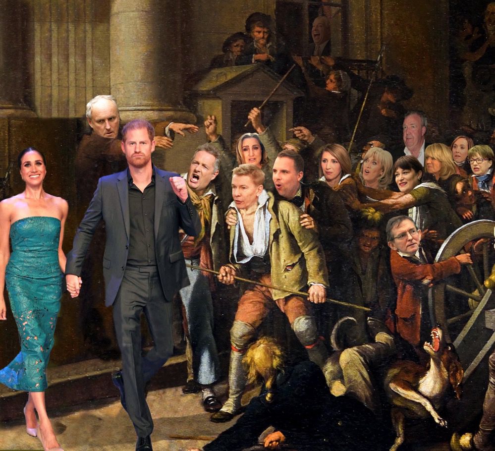 Illustration by Cold War Steve of Harry & Meghan under attack by members of the British media