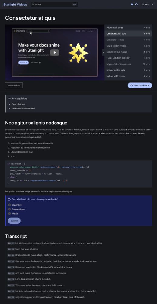 Preview a video page belonging to a course generated by the starlight-videos plugin. The page includes a video player, a playlist, some extra course content, a list of prerequisites, a quiz, and a transcript.