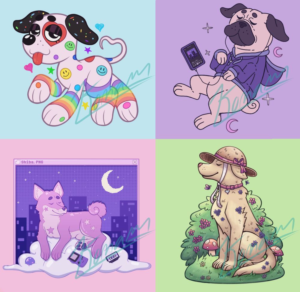 Art of four aesthetic dogs. 

In the top left is a Kidcore Dalmation on a light blue background. The white dog has rainbow sprinkles on its black ears and is wearing rainbow socks on all four legs. It is covered with smiley face stickers and has rainbow dots on it. Its tail is curled into a heart. 

In the top right is a Lofi Pug charm on a light purple background. It is wearing a purple hoodie and is listening to music on its phone with wired earbuds in each ear. There are pink moons and white stars around it. It is calm and chill.

In the bottom left is a Vaporwave Shiba Inu on a pink background. The Shiba is pink and is laying on a cloud with a purple Gameboy, black cassette tape, and purple ball with pink stars. In the background is a dark purple pixel city skyline with a purple night sky speckled with white stars and a moon. It is all in a pink computer pop-up window that says "Shiba.PNG". 

In the bottom right is a Cottagecore Golden Retriever on a light green background. It is wearing a beige sun hat with a pink ribbon and a matching pink collar with a silver heart charm. The sunhat is tied around the dog's head with a white ribbon. It has purple flowers in its fur. It is sitting on the grass with a green bush and pink flowers in the back. There are two small butterflies flying around the dog. 