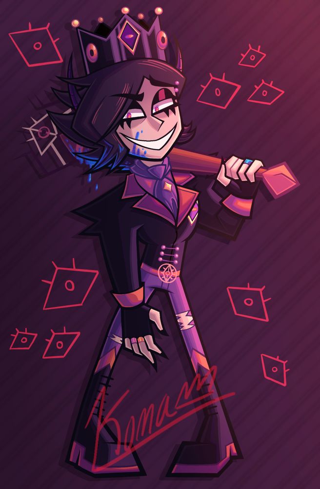 A piece of a sadistic goth boy for World Goth Day. 

The goth boy has black hair with long bangs swooped to the right of his face, partially covering his right eye. His hair in the back is spiked up and he has a tuft of hair on the left side of his face. His eyes are bright red with small irises and no pupils. He's wearing black eyeliner. He has long, pointed purple ears curved up, resembling devil horns. He has a wide sinister smirk as he looks over towards the viewer. There is blue fantasy blood splattered on the right side of his chin and up his cheek. He has a pink eyebrow piercing on his left eyebrow. 

He’s wearing a black metallic crown with red, eye-like jewels on it. He's wearing a black coat with spiked shoulders, a purple, eye-like emblem with a gold border and red pupil in the middle, and six pink buttons latched together on the torso. The jacket has wide dark red lapels with lighter red edges and light red cuffs. He has black fingerless gloves with a gold ring and pink ring on his right middle and ring finger respectively. He also has a blue promise ring on his left ring finger. His undershirt is light red. He has a purple ascot with a gold star pin on it.  He has a light red belt with an eye-like design belt buckle. He’s wearing purple ripped skinny jeans and knee-high black goth boots with light red accents, dark red heels, and black laces. 

He has a maroon bat propped up on his left shoulder. The bat has blue fantasy blood dripping from its thicker end. On the thin end of the bat is a light red diamond shape. Sprouting from the thick end of the bat is an ornate eye-like design with dark red branches and a white eye-shaped branch with a red iris and black pupil that connects to the dark brown branches. 

The background is a red to dark purple gradient from top right to bottom left. There are dark purple streaks running diagonally across the background. Next to the goth boy are sketchy red eyes that resemble his eye-like patterns.
