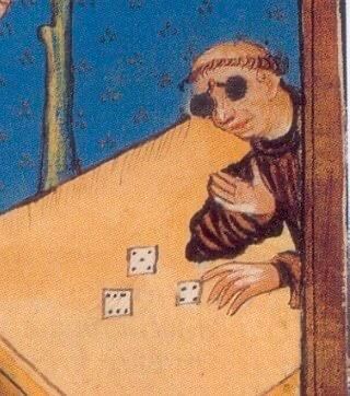 An old painting of a monk playing dice. 

The monk is bald with peachy skin. He is wearing a woven headband and unique black circle glasses. He is also dressed in a baggy black robe. 
He is leaning against a beige table, left hand down, right hand up, as he has just tossed three playing dice onto the table. They land on six, five, and four. 

To the right of piece is a large brown wooden beam, cutting off the rest of the monk's body from view. The background is a teal color with a nondescript pattern, too hard to make out as the piece is blurry. There is also a random tree trunk there. 