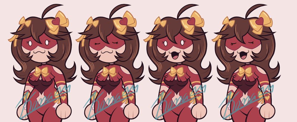 A pngtuber model sheet. Kinda. 

The pngtuber is a wrestler girl with long reddish-brown hair. Her bangs are split and swept out to the sides with one large tuft in the middle. She also has two tufts on each side of her face that curl around her cheeks and chin. She has a large cowlick on top. She wears two yellow bows in her hair. The one of the left is small and has two long ribbons tangling down, and the one of the right is large with a big red heart in the middle. Her eyes are white ovals with eyelashes with a 3 mouth. 

She is wearing a red wrestling leotard with short sleeves that have a single yellow stripe on each sleeve. Her shoulders are exposed. There is a large maroon heart in the middle, covering her breasts and a bit of her upper torso. There is a cut in the middle below the heart, showing her belly button. Above the heart is ruffled red fabric covering the tops of her breasts, with a large yellow bow on top. On her hips is a small yellow bow with long ribbons and pieces of white ruffled fabric under them. She is also wearing red arm bands that come to a point at the elbows. There is a yellow stripe at the top of each one and a small yellow heart in the middle. 

There are four models. Each model is standing straight, cut off mid-thigh, with her hands at her sides. 

Model one is a generic face with her mouth closed. 
Model two is a blinking face with her mouth closed. 
Model three has here eyes and mouth open, as she is speaking. 
Model four is her eyes closed in a blink, but her mouth open while she speaks. 

The background is an off-white color with a slight reddish hue to it. 