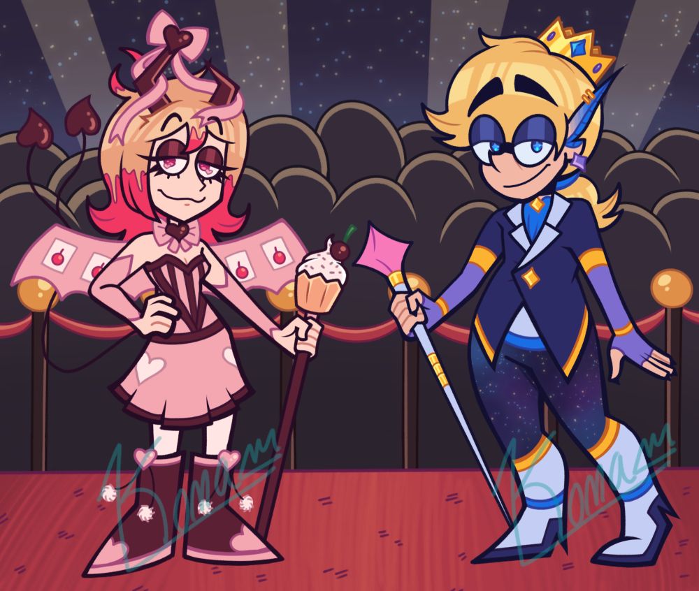 An Art Fight Attack of two characters on a red carpet. 

The character on the left is a girl with shoulder length dirty blonde hair that turns hot pink halfway down. Her bangs are parted in the middle with one tuft laying over the middle of her forehead and a long tuft laying across the right side of her face. She has maroon angled horns, with the right horn topped with a light pink bow with a maroon heart in the center. The ribbons from the bow curl around her horns. She has maroon eyeshadow and hot pink eyes with light pink hearts in them. 

She is wearing a light pink bow with a maroon heart around her neck. She has on a strapless light pink dress with maroon stripes across the front that form a heart. There is a white heart on each side of the skirt of the dress and it is has a maroon accent at the bottom. She has light pink arm coverings. Her boots are maroon with light pink platforms and a heart shape at the boot tip. There are pink hearts on top with white pom poms connected to it. She is holding a maroon staff with a prop vanilla cupcake with white frosting and cherry on top. She has light pink bat wings with white cherry playing cards on them. She has a black split devil tail with a maroon heart on each end. 

The character on the right is a fairy boy with blonde hair tied back in a ponytail. His bangs curl up in the front. He has dark blue eyeshadow with blue eyes and cyan stars in his eyes. His ears are long and pointed and turn blue at the tips. 

He is wearing a dark blue waistcoat with white lapels, a white undershirt, blue ascot with gold star, long lavender fingerless gloves with gold accents, galaxy leggings, white boots with dark blue platforms and heels and blue and gold accents, lavender star and gold ring earrings, and a gold crown with blue and purple gems. He is holding a white cane with a pink star on top and gold rings around the cane itself. He has small black claws. 

The background is a night sky with spotlights and an abstract crowd.