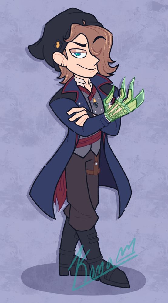 An art fight attack of a dapper lad. 

They have light brown shoulder length hair their long bangs drape down, completely covering the left side of their face. They have a fair skin tone. They have a black beanie with a small yellow duck patch on the right side. They have two small black studs in their ears. Their eyes are teal and half lidded with a smirk at the viewer. 

They have a white collar poking out from under their gray waistcoat with maroon stripes at the top and silver buttons. On top of that, they have a navy blue unbuttoned trench coat with flared out lapels with maroon edges. The shoulder patches of the coat are black. The coat also has silver buttons. They are wearing a long necklace with a black, diamond-like jewel held in place by a gold piece. They have a long piece of maroon cloth tied around their waist with the tails dangling to the right. Their pants are a pale, dark brown and tucked into their black boots, with miscellaneous straps across them. They have a brown strap with a silver button around their left thigh. 

The background is a pale bluish-lavender with a faint white grunge texture. 