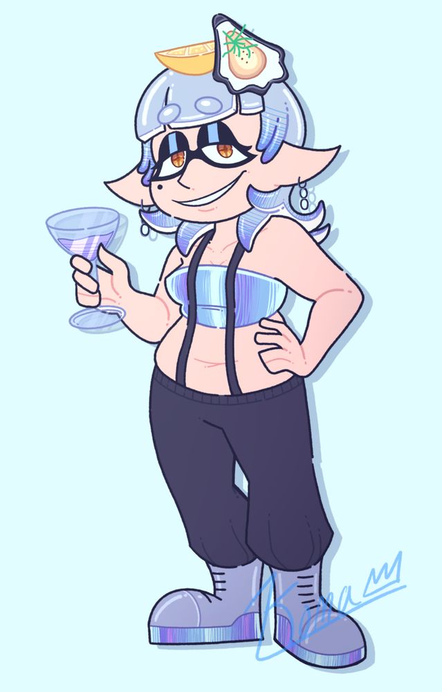 A drawing of Marie in her Summer Nights outfit. 

Marie is an inkling with a peachy skin tone. Her tentacle hair is bluish-gray. She has choppy straight bangs and two short tufts of tentacle hair on each side of her face. Two short tentacles curl around her chin and two lay on her shoulders. The rest of her tentacle hair lays down her back, a little past the shoulders. The tips of her tentacles turn blue to purple. She has a large opened oyster, along with a lemon wedge on her head as a hairpiece. Her eyes are somewhat droopy and half lidded, with a black mask around them. Her irises are golden and she has dark brown star shaped pupils. She has a beauty mark on her right cheek and pointed ears that stick out to the sides. She is wearing small, black, chain earrings with three links. 

Her outfit is a bluish-gray holographic crop top, with hues of purple and cyan reflecting off of it. She has black baggy pants with black suspenders and shiny gray boots with bluish-gray holographic platforms.

Her left hand is resting on her left hip and her right arm is bent, holding a purple drink in a martini glass in her right hand. She is giving a calm look towards the viewer with a slight smirk. 

The background is a light bluish-green hue and there is a drop shadow behind Marie. 