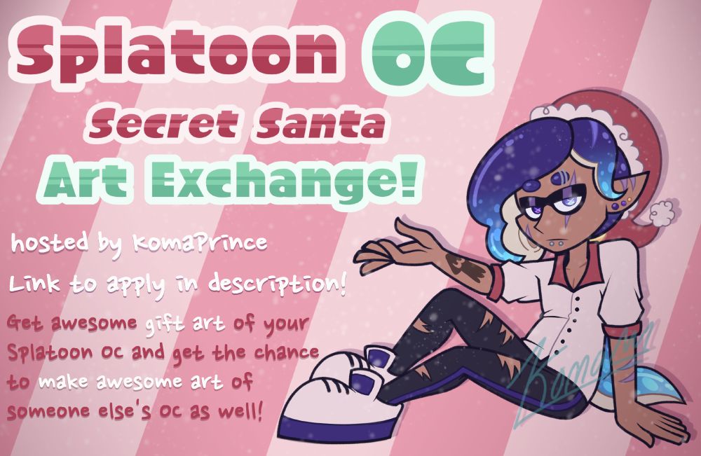 A promotional piece for the Splatoon OC Secret Santa Art Exchange. 

On the bottom right is an inkling OC. He has indigo tentacle hair and tan skin. His hair is parted to the right with a large tentacle draped across the right side of his face. There is a smaller tentacle on the left side of his face. He also has three very long tentacles in the back tied in a ponytail. His tentacles turn cyan at the ends and have blue spots. His eyes are half-lidded and he has a very stoic expression. His right eye is purple and his left eye is a very pale blue, indicating blindness. Both eyes have a white X in the middle. His ears are pointed and stick out to the sides, and have three stud earrings, indigo, purple, and gold. He also has silver snakebites and a silver eyebrow piercing on his left eyebrow. 

He is wearing a white button up with a red collar and red cuffs. The sleeves are rolled up half way. He also has on black torn skinny pants with an indigo stripe down the outer sides. His sneakers are big and white with black laces and purple tabs and platforms. He is also wearing a red Santa hat. 

He is sitting, with his legs partially bent, his right knee higher than his left. He is propping himself up with his left hand and using his right hand to motion to the left at the words "Splatoon OC Secret Santa Art Exchange!" The words are in a sans-serif font with alternating red and green colors, "Splatoon" and "Secret Santa" being red and "OC" and "Art Exchange!" being green. Under those words in a white handwritten font is "hosted by Koma Prince" and "Link to apply in description!" 

Under that is "Get awesome gift art of your Splatoon OC and get the chance to make awesome art of someone else's OC as well!" The words are dark red, except for "gift art" and "make awesome art" which are white. 

The background is alternating red and white diagonal stripes like a candy cane. There is also a faint snow effect through the whole piece. 