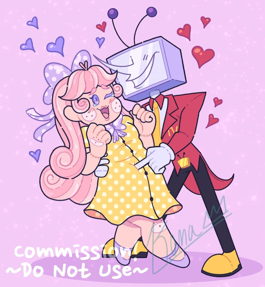 A commission of ship art between a Deltarune OC and Tenna from Deltarune. 

The Deltarune OC is based on a plush doll. She has long locks of hair that curl at the ends and go down to her thighs. Her hair has alternating pink and light pink stripes. Her bangs part out to the sides and she has a small heart shaped cowlick. Her skin is peachy and she has large light pink circles with three dots on her cheeks and knees. Her eyes are purple button eyes with small eyelashes. She is wearing a flowing, knee-length yellow dress with white polka dots and small black buttons, light purple doll shoes, a large light purple bow with white polka dots and long ribbons on the back of her head and a similar bow with short ribbons around her neck. She is blushing red. 

Tenna is an objecthead with a CRT television for a head. The body of the TV is light purple and the screen is white, with a large grin and a long white pointed white nose poking out of it. The TV has two long antennae with purple balls on the ends. He is wearing a red suit with red lapels, long coattails, and the letters "TV" on his left side chest in yellow, a white undershirt with a red collar, white cartoon gloves, black pants, a long yellow tie, a yellow mini TV belt buckle, and yellow shoes with black platforms. 

Tenna has his right hand around the OC's waist. He is leaning in closer to her with his signature grin on his face. The OC has her arms up and and her hands lightly closed as she laughs with small blue teardrops in her eyes. Tenna is using his left hand to poke her tummy. 

They are surrounded by cartoon hearts, light purple over on the OC's side and red over on Tenna's side. There is a faint purple drop shadow under them. The background is pink with small, faint white stars. 