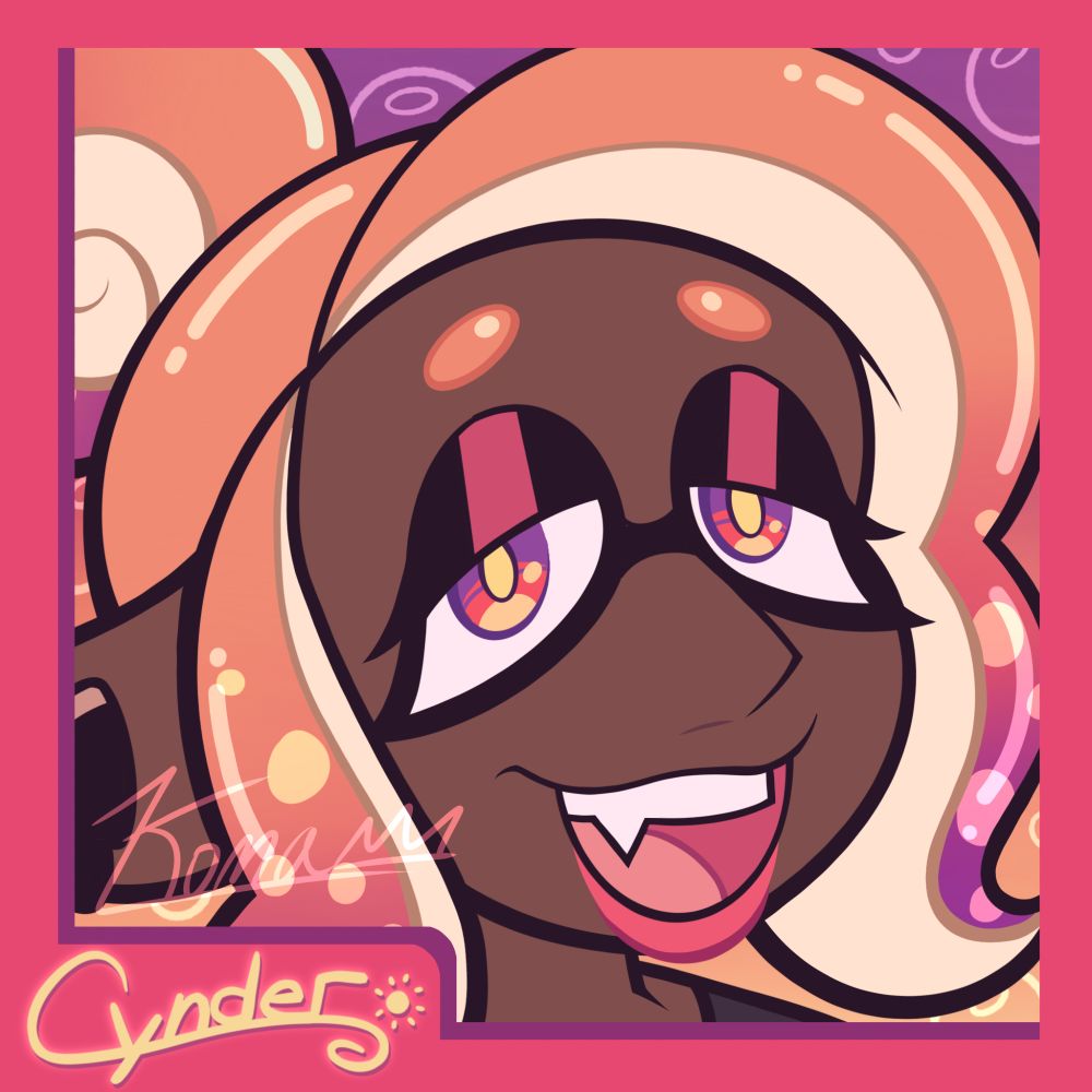An icon of a Splatoon OC named Cynder. 

The icon shows the head and neck of an inkling OC with a dark caramel skin tone. Her tentacles are orange and turn red to pink to purple with yellow and pink spots towards the ends. Her tentacles are parted on the right, with one tentacle laying down the right side of her face in front of her ear, and the other tentacle draped over her forehead and down the left side of her face, forming bangs. Her last tentacle is tied up in a bun on the top back of her head. 

She has red eyes with purple shading and yellow highlights, and light yellow pupils. Her eye mask is turned down, and her eyes are half-lidded giving a tired look. However, she has a smile on her face with her fang showing. She is wearing pink lipstick on her bottom lip. In her ears are black Cephalo Pods. 

The background is a purple to red to orange gradient with yellow and pink bubbles. Around the piece is a thick hot pink border with a purple drop shadow in the bottom left. Also in the bottom left is a hot pink rectangle connected to the border. In it is the character's name written in yellow "Cynder" with a little sun next to it. 