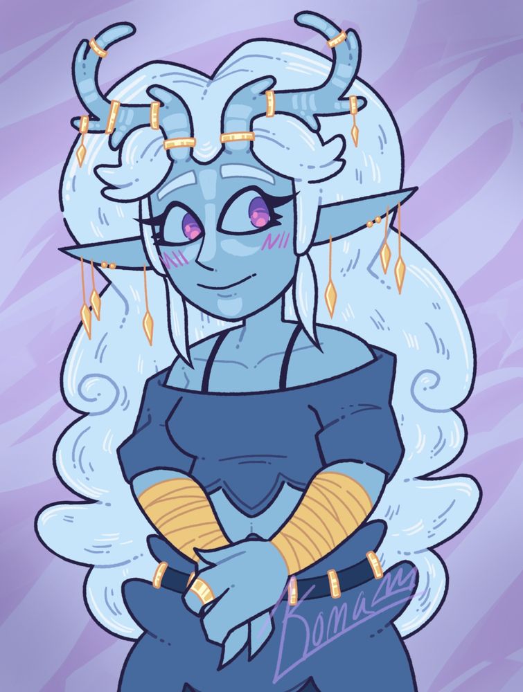 A DND character Art Fight Attack. 

The DND character might be a tiefling. I don't know. I don't play DND. 

The character has pale blue skin with light blue markings on her chin, cheeks, nose, and forehead. Her ears are long, pointed, and stick out to the sides. She has horns that stick out from her forehead and spread  to the sides before curling up and inward. The horns have small protrusions from them. They are adorned with gold rings and some rings have a small gold diamond dangling from them. Her ears are also adorned with three dangling gold diamonds of various lengths and two small gold studs. Her eyes are purple and she is blushing slight purple, as well. 

Her hair is long, white, and puffy. Her bangs are brushed out to the sides due to her horns. Her hair curls and sticks out in random places and goes down to her hips. 

She is wearing a dark blue shoulder-less crop top with sleeves that go down to the elbows. It flares out at the bottom into points. She is wearing a black shirt underneath with only the two thin straps showing. Her arms are wrapped in yellow bandages and her hands have three pointed fingers each. Her left hand has a gold ring on the index finger. 

She is wearing a dark blue skirt like article of clothing that puffs out at the sides. She has a navy blue belt around the skirt with gold vertical straps around it. 

She is standing, looking off to the right. Her arms are down with her left hand holding her right hand in front of her hips. 

The background is a lavender color with randomly shaped partially transparent white streaks. 