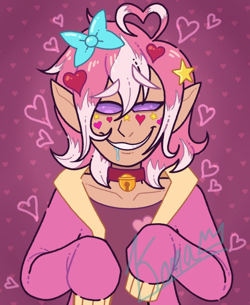 An Art Fight attack of an OC. 

The OC has shoulder length pink hair with white tips. He has tufts of hair on each side of his face and a large tuft in the middle of his head, laying over the bridge of his nose. His cowlick is curled into the shape of a heart. He has a large cyan bow on the right side of his head and miscellaneous red heart and yellow star stickers in his hair and on his cheeks. 

He is wearing a red collar with a gold bell, a baggy pink jacket with yellow cuffs and sleeves that cover his hands, and a dark pink undershirt with a light pink heart on the left. 

His arms are bent up slightly and his wrists are bent down, as if he's begging or asking for something. His eyes are purple and there is drool leaking from his mouth. He is obviously mind controlled. 

The background is a dark pink background with a small, light pink heart pattern over it. There are sketchy light pink hearts drawn around the character. 