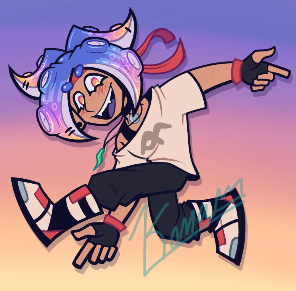 An art fight attack of an octoling OC from Splatoon. 

The Octoling has light royal blue tentacles that turn pink to yellow at the tips. He has two large tentacles split down the middle that serve as bangs and two smaller tentacles that curl out and up in the back. His tentacles have small black piercings. He has orange eyes with 4 bottom eyelashes. His mouth is wide open in a smile, showing his fangs and purple tongue. He has black gauges in his ears. He is wearing a red headband, flowing behind him. 

He has a a baggy, short sleeve tan shirt with a light gray Splatoon marking on it. It hangs off his shoulders, and his black tank top is visible underneath. He has a black choker with a silver medallion and a long necklace with green crystal at the end. His pants are black and baggy and are tucked into his boots, which are white with black platforms and black and red patterns on them. He has black fingerless gloves with red cuffs. 

He is doing the Sonic Adventure 2 pose, with his left leg kicked forward and right leg bent back. His left arm is pointing to the right and his right arm is pointing down, under his left leg. Both his hands are giving finger guns. 

The background is a gradient that mimics the colors of his tentacles. 

