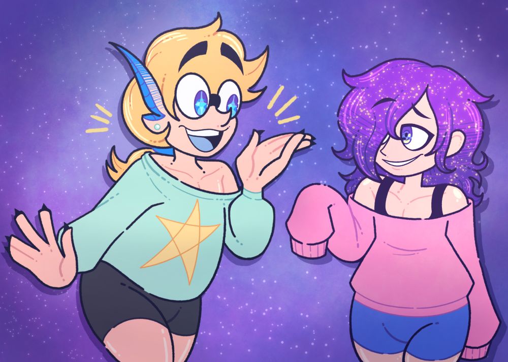 An Art Fight attack of two femboys. 

The femboy on the right has golden blonde hair with bangs that are curled up into a swoop in the front. His hair is tied into a short ponytail in the back at the bottom. He has peachy skin and long pointed ears that turn blue at the tips. He is wearing glasses and his eyes are blue with cyan stars in them. 

He is wearing a puffy mint green long sleeved shirt that hangs off his right shoulder with his left shoulder exposed. In the middle is a 5-pointed yellow star. He also has on black booty shorts. 

The femboy on the right has fair skin with messy, shoulder length purple hair with gold stars in it, resembling a galaxy. His eyes are royal blue. He is wearing a shoulder-less puffy pink sweater with sleeves that are too long for him. He is also wearing a black tank top underneath with only the straps showing. He is also wearing blue booty shorts. 

The femboy on the left is talking to the femboy on the right. His right arm is down with his hand up and fingers splayed out. His left arm is bent up with his hand out like he's explaining something. His mouth is open and he is smiling. 

The femboy on the right is looking towards the femboy on the left. his left arm is down and his right arm is bent up as his sleeve covers his right hand and flops down. He has a small grin on his face. 

The background is a galaxy. 