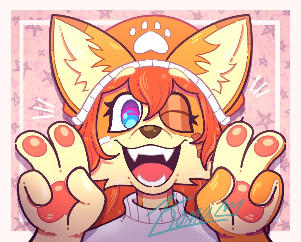 An art fight attack of a cute corgi furry girl. 

She has large pointed orange ears with brown tips and yellow-white fur inside. Her hair is long and reddish-orange, with tufts in the middle of her face and on each side, as well. She is wearing a large orange beanie with a white rim and a large white pawprint in the middle. Her nose is brown. Her eyes are bright blue at the bottom and fuchsia at the top. She is winking with her left eye and has a large, open smile, showing off her teeth and fangs. She has a white bandage on her right cheek and a brown bandage on her left cheek. Her cheeks and muzzle are yellow-white and it is orange around her eyes. She has a white turtleneck shirt on. 

She has both her paws up, making peace signs. She has pink paw pads. Her left paw is orange with a yellow-white palm and her right paw is completely yellow-white. 

The background is pink with darker pink and purple dots speckled within. The border is white, along with a smaller white rectangle inside the border. There are purple stars drawn all around the character. 