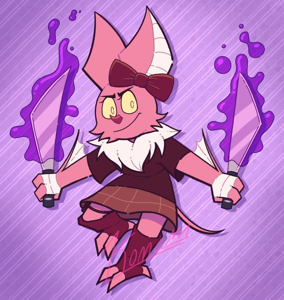 An art fight attack of a pink anthro bat girl. 

She has large pointed bat ears with white interiors. She has a large maroon bow on her left ear. Her nose is red and pointed/curved up. Her eyes are yellow with small eyelashes and small reddish circle pupils. She is giving a confident smirk towards the camera. 

She has a large and fluffy collar of white fur, a dark maroon short sleeve shirt, reddish-brown skirt with thin, light brown vertical and horizontal stripes across it, a small brown bag tied around her right thigh, maroon leg warmers, and white bandages on both of her three-fingered hands. Her feet also have three toes, two in the front and one in the back. She has a thin pink tail and small white bat wings on her arms. 

She is holding two large silver blades with black handles. The blades are covered in bubbly, purple poison magic that is flowing off the tips. Her right leg is bent back and her arms are both out as she holds the blades in an active pose.  

The background is a pinkish-purple color with a darker purple vignette and translucent white stripes across, from bottom left to top right. 