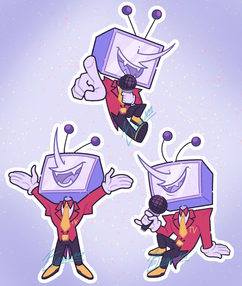 Mockups of three Tenna stickers. 

Tenna is an objecthead with a CRT television for a head. The body of the TV is light purple and the screen is white, with a large smile and a long white pointed white nose poking out of it. His teeth are showing and he has fangs. The TV has two long antennae with purple balls on the ends. He is wearing a red suit with red lapels, long coattails, and the letters "TV" on his left side chest in yellow, a white undershirt with a red collar, white cartoon gloves, black pants, a long yellow tie, a yellow mini TV belt buckle, and yellow shoes with black platforms. 

The top middle sticker shows Tenna with his right leg out and left leg bent in, his body slightly curved and facing to the right. He is holding a black microphone in his left hand up to his mouth, as if he is announcing something. As he does this, he is pointing to the viewer with his right hand, with the hand at an exaggerated perspective. 

The bottom left sticker shows Tenna standing straight up with his arms out and up, as if he is cheering. His head is facing up. 

The bottom right Tenna sticker features Tenna in a more lax, personal pose. He is sitting with his left arm propping him up, both his legs are bent, his left leg hanging loose and his right foot propped on an invisible surface. He is holding his black microphone in his right hand with his pinky out, holding it up to his mouth. His head is tilted up slightly and he has a smug open smile on his face. 

There is a white border around each design to resemble the white border of a die-cut sticker. 

The background is a light lavender with a darker purple vignette in the corners, and there are faint yellow and red sparkles/stars. 