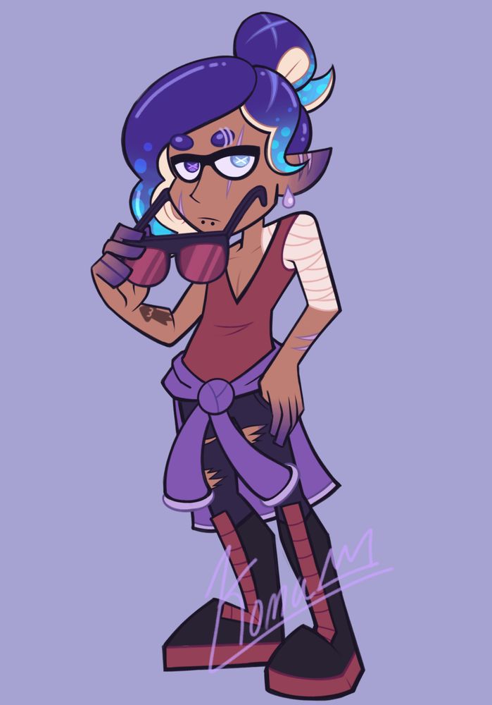 An inkling OC reimagined in the world of Splatoon Raiders. 

The male inkling has caramel skin with indigo tentacle hair that turns cyan at the ends of each tentacle. Each tentacle has sky blue spots towards the ends. His main tentacle is swooped over to the right side of his face and goes down to his shoulders. He has another shorter tentacle that lays on the left side of his face over his left ear. His last tentacle is tied up in a bun on the top back of his head. He has round purple eyebrows with two silver ring eyebrow piercings on his left one. His right eye is purple and his left eye is a pale light blue. Both eyes have a white X in the middle, and he has a black eye mask like all inklings do. He has a purple scar across his right cheek, left eye, and two on top of his left ear. His left ear turns indigo at the tips and he is wearing a lavender raindrop earring. He also has two black snake bite piercings. On his smaller tentacle is a blue scar toward the base and an X scar on the bun. 

His is wearing a low cut v neck maroon tank top, dark purple tattered skinny pants, and knee high black boots with maroon laces and platforms. Around his waist is a tied purple jacket with light purple cuffs. His left shoulder and upper arm is wrapped in white bandages. He has two purple scars on top of his left forearm. He also has a black inkling squid tattoo on his right forearm. The tips of his fingers turn indigo. 

He is standing up with his hips slightly forward. His left hand is resting with his thumb in his pocket and his right arm is bent up as he takes off a pair of sunglasses with a dark purple frame and red lenses. He is looking stoically at the viewer. 

The background is a pale purple color. 

