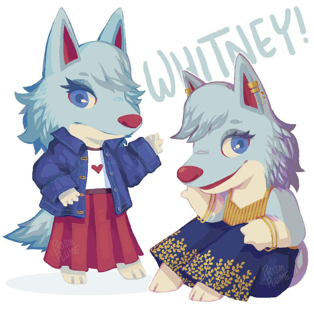 Whitney, a villager from the game franchise Animal Crossing. She is wearing two different outfits. The first outfit on the left shows her wearing a denim jacket red pleated skirt, and white shirt with a heart print. The second outfit on the right shows her wearing navy blue culottes with gold leaf embroidery, a gold-ish pleated tank top, and gold accessories.