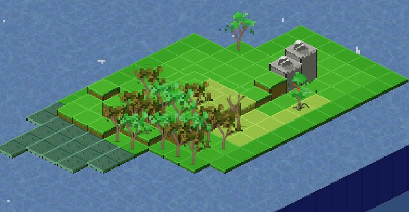 A screenshot of a 2.5D tilemap with different biomes and procedurally generated trees of different species.