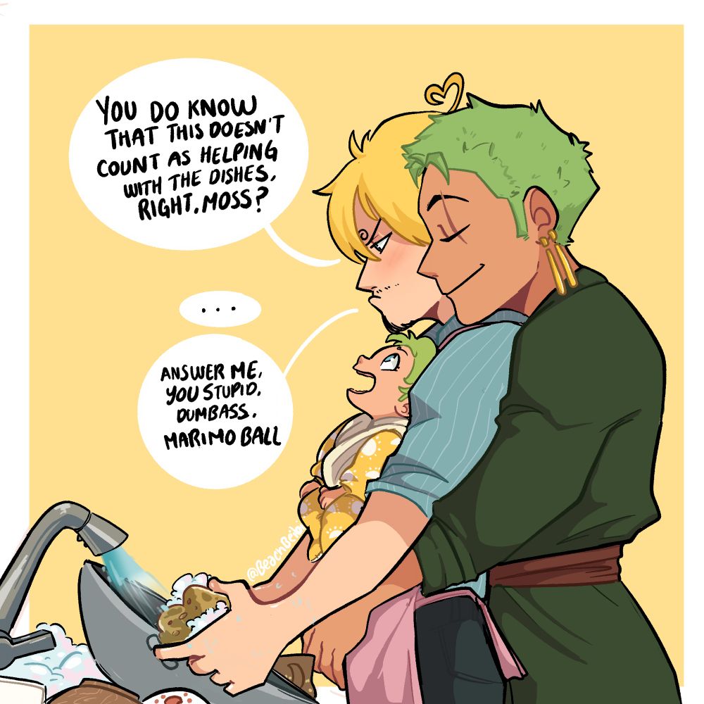 Sanji is trying to wash the dishes with baby Kuina strapped to his chest,meanwhile Zoro is hugging him from behind, he might or might not  be pretending to be asleep 
