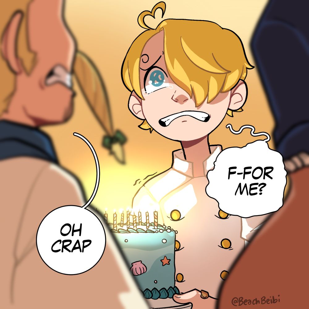 Panel 4 of 4: Sanji is teary eyed and about to start crying, he stutters “f-for me?” HE’S VERY HAPPY, HE’S VERY SMALL, HE CAN ONLY FIT ONE EMOTION AT A TIME AND RIGHT NOW ITS HAPPINESS