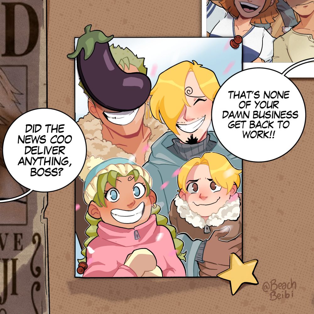 What came with the letter was a photo of the zosan family in drum island, Zeff covered Zoro's face with an eggplant pin because he's pretty like that 