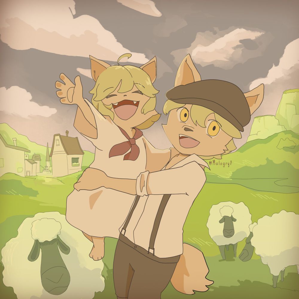 Illustration de Malt et Mei Marzipan, personnages du jeu Fuga: Melodies of Steel. Malt tient sa sœur Mei dans ses bras. Tout deux sont dans un champ entouré de meuhtons. Au loin on aperçoit leur village: Petit-Mona