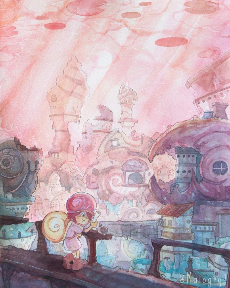 Illustration pour le concours Week And Art 2025, on voit un personnage se tenant devant une vieille cité avec une architecture orientée sur les escargots