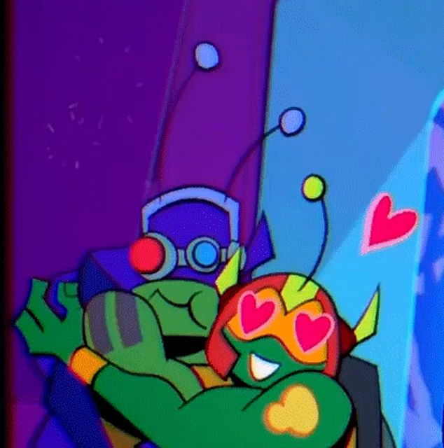 a couple of teenage mutant ninja turtles hugging each other in a cartoon .