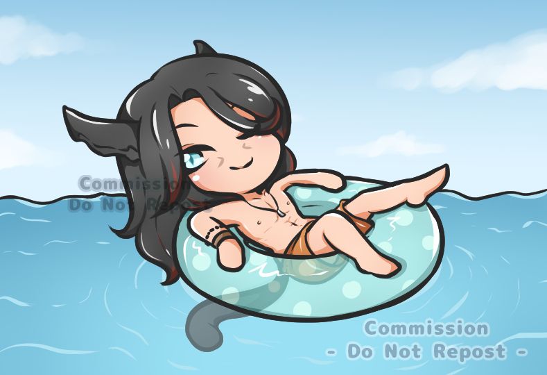 digital art of a Cat boy on a floaty in the sea