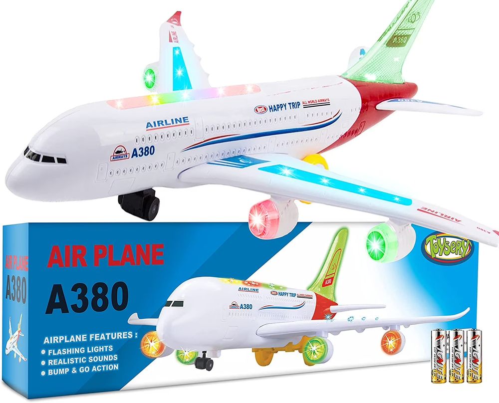 A crappy plastic bootleg chinese Toy model of the Airbus A380, the world's largest passenger plane, with tacky rainbow LED lights lining the engines, wing and roof.