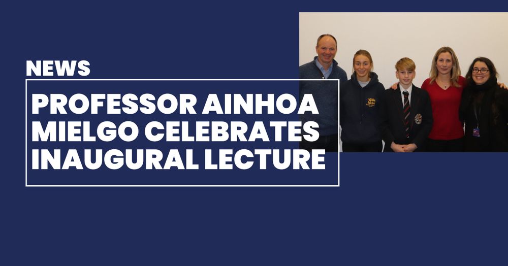 A navy blue news title card with white text. The title reads "Professor Ainhoa Mielgo's celebrates inaugural lecture". Pictured to the right is Ainhoa Mielgo, her family, and Sonia Rocha.