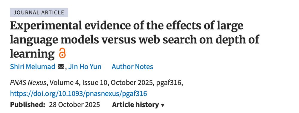Journal article titled 'Experimental evidence of the effects of large language models versus web search on depth of learning' by Shiri Melumad and Jin Ho Yun, published in PNAS Nexus, Volume 4, Issue 10, October 2025, with open access icon
