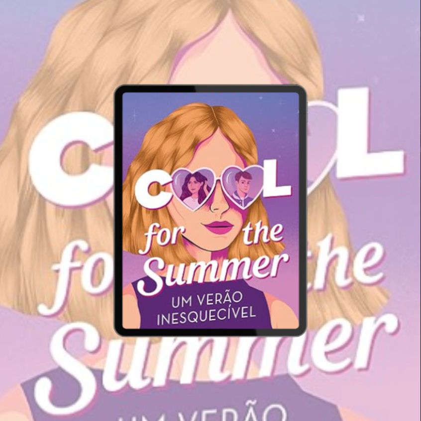 capa do livro Cool for the summer, com a personagem de pele branca e cabelo loiro curto na altura dos ombros. Ela veste uma blusa roxa, e está usando óculos com a lente em formato de coração. Os óculos estão no lugar dos dois O de cool, e em cada lente tem o desenho de dois outros personagens