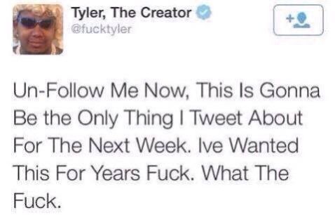 classic meme of an old Tyler The Creator tweet (that sums up my mood atm): "Un-Follow Me Now, This Is Gonna Be The Only Thing I Tweet About For The Next Week. Ive Wanted This For Years Fuck. What The Fuck."